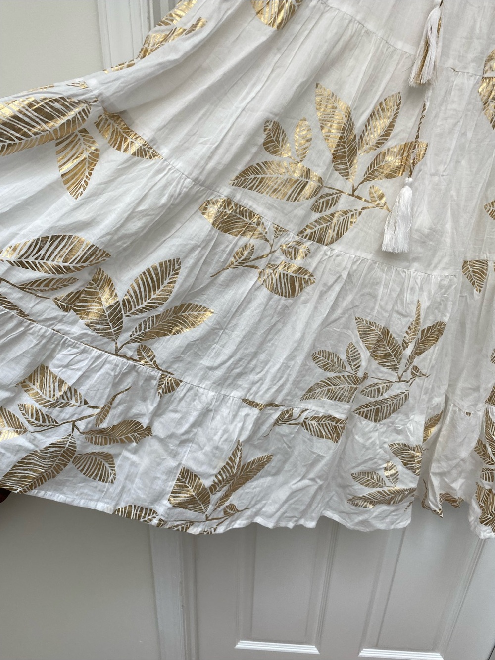NWT Debbie Katz White Maxi Skirt w Metallic Gold Leaf Print & Drawstring Waist L - Picture 3 of 8